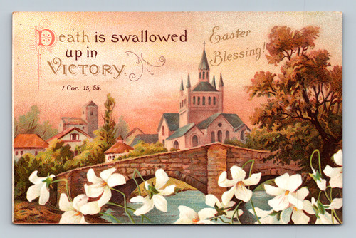 Religious themed postcard with Victory text from Central Square, Germany