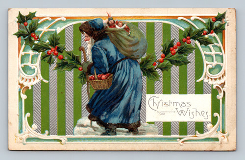 Santa in blue robe with toys and apples
