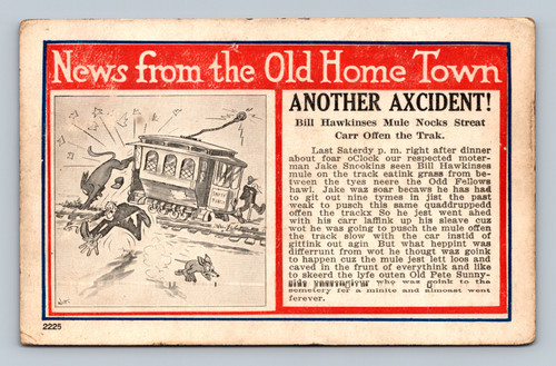 Cartoon mule causing streetcar accident near Odd Fellows hall Buffalo