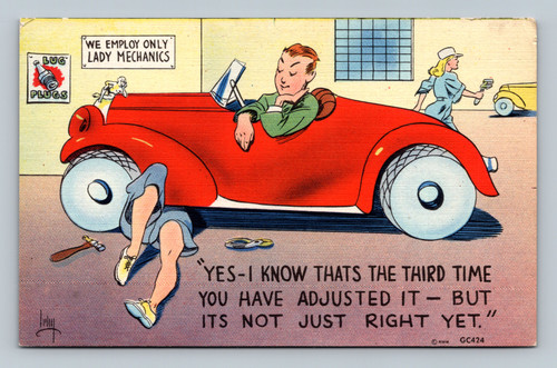 Humorous scene of lady mechanics adjusting a lug plug postcard from Aurora Missouri