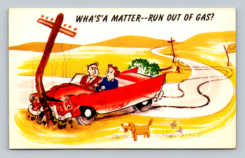 Humorous running out of gas scene postcard from Richmond USA