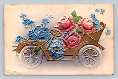 antique embossed postcard gold car pink roses blue forget me not