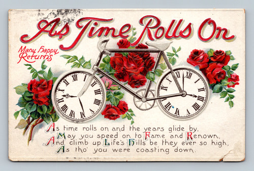 bicycle with clock face in wheels with roses
