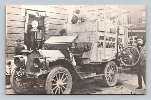 1915 Ballston Spa Garage truck hauling trotter and sulky to local track