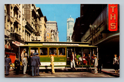 Cable car turntable with conductor and passengers on Powell Street San Francisco