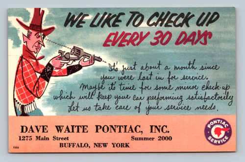 Pontiac car service reminder postcard from DAVE WAITE PONTIAC, INC. Buffalo NY