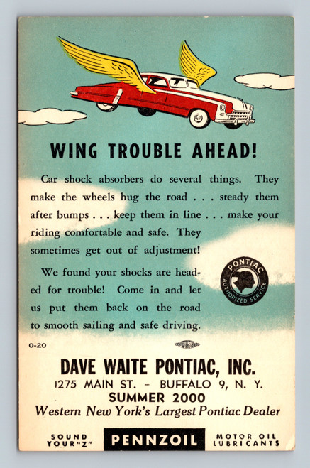 Advertisement for car shock absorbers at Dave Waite Pontiac, 1275 Main St., Buffalo NY