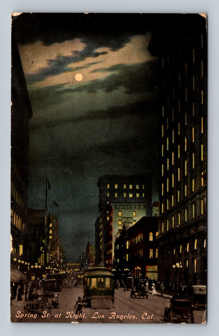 Spring Street at night Los Angeles California vintage postcard