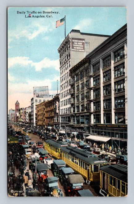 Daily Traffic on Broadway Los Angeles California vintage postcard