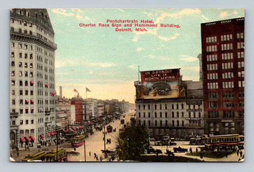 Pontchartrain Hotel, Charlot Race Sign, and Hammond Building in Detroit 1912 postcard