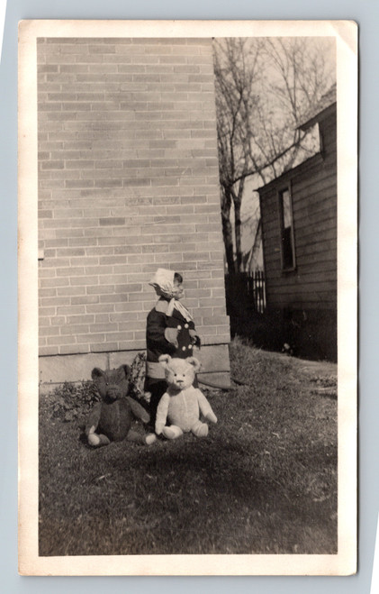 Vintage Snapshot Photo Child in Bonnet with Two Teddy Bears 1940s