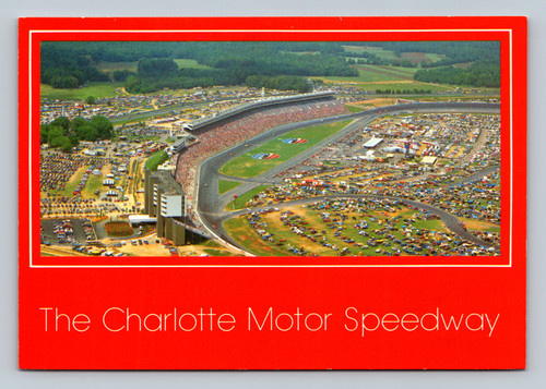 Vintage postcard showing an aerial view of Charlotte Motor Speedway in Charlotte North Carolina during a race.