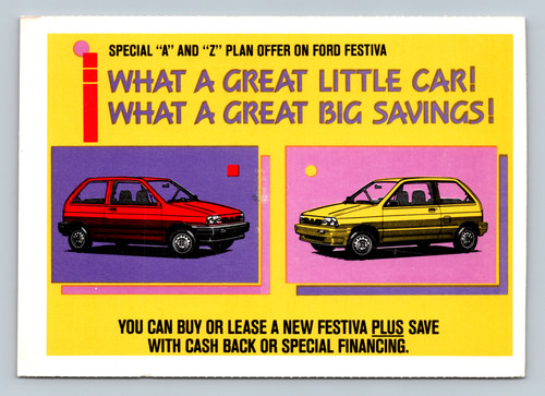 Advertisement for Ford Festiva car with special savings and financing offers