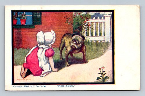 girl in bonnet on knees playing with bull dog