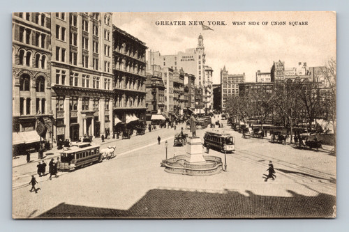 West side of Union Square with Decker Building New York City postcard