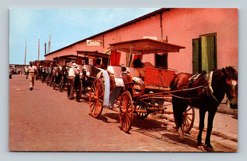 Colorful native carriages waiting in line for tourists in Nassau Bahamas