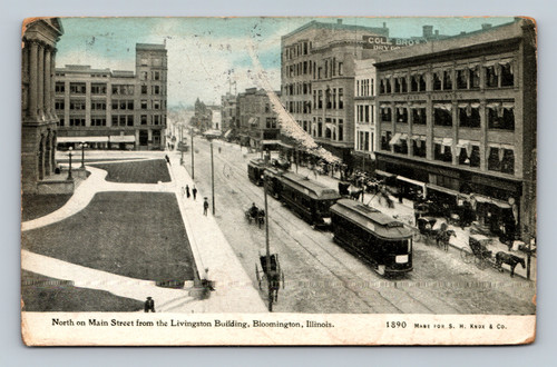 North on Main Street from the Livingston Building Bloomington Illinois postcard