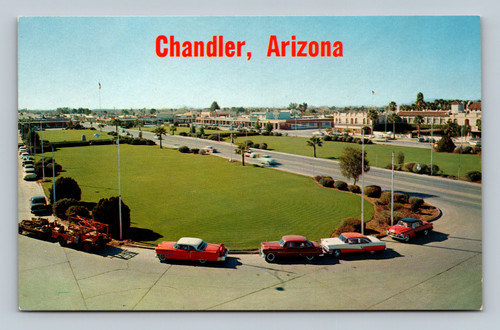 Broad green plaza and business district in Chandler Arizona postcard