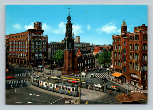 Postcard showing various automobile brands at Amsterdam Muntplein by KRÜGER