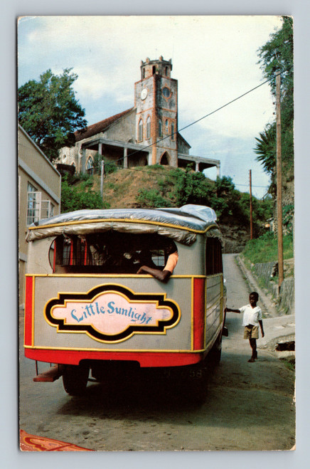 Local bus with Roman Catholic Church in Sauterre Grenada West Indies postcard