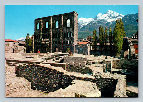 Anfiteatro e Teatro Romano with Mont Emilius in Aosta Italy postcard
