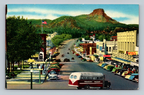 Looking west on Gurley Street with Thumb Butte in the distance, Prescott Arizona postcard