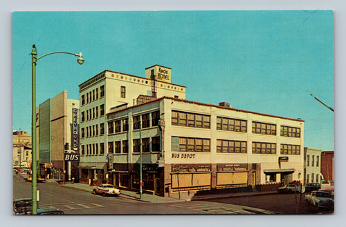 Knox Hotel building with Greyhound bus depot and fountain in El Paso Texas