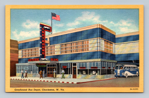 Greyhound Bus Depot Charleston WV vintage postcard by THE S. SPENCER MOORE CO.