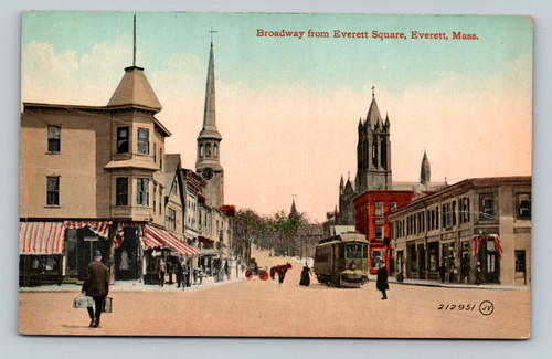 Broadway from Everett Square, Everett Massachusetts postcard by Valentine & Sons