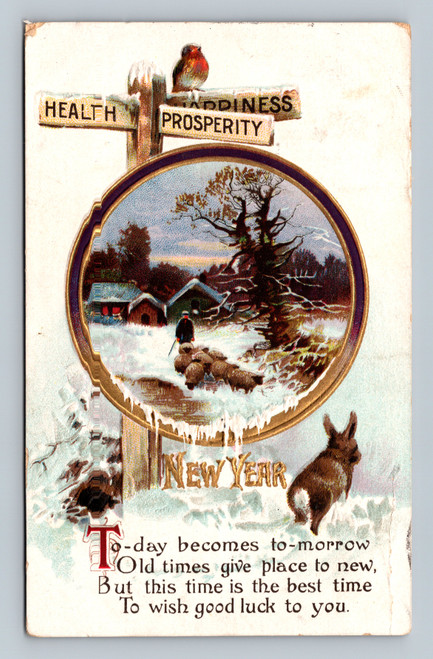 New Year greeting postcard with wishes for health, happiness, and prosperity, printed in Germany