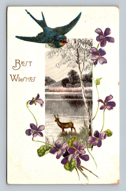 Best Wishes greeting card printed in Germany with U.S. one cent stamp