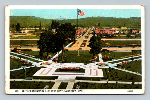 Jefferson Square and Broadway street scene Longview Washington postcard