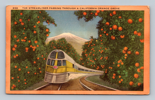 The Streamliner train passing through a California orange grove