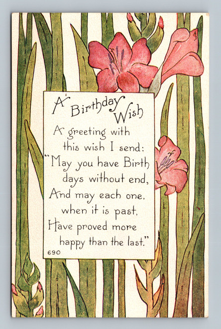 Birthday greeting postcard with poetic wish by F. A. Owen Co. Dansville NY