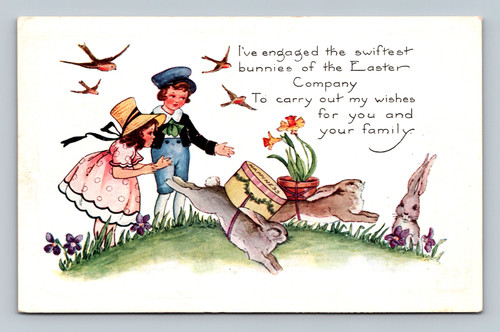 Easter-themed greeting card with bunnies and wishes for happiness