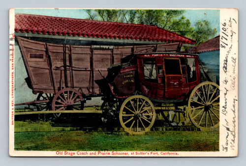 Old Stage Coach and Prairie Schooner at Sutter's Fort Sacramento California postcard