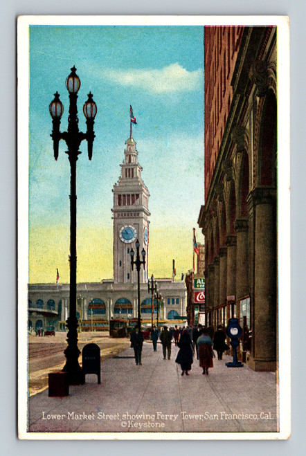 Lower Market Street showing Ferry Tower San Francisco California vintage postcard