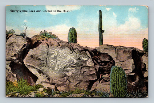 Hieroglyphic Rock and Cactus in the Desert postcard