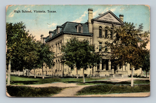 High School building in Victoria Texas vintage postcard