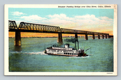 Steamer passing bridge over Ohio River in Cairo Illinois postcard