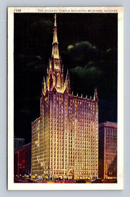 Chicago Temple Building illuminated tower at night with floodlights