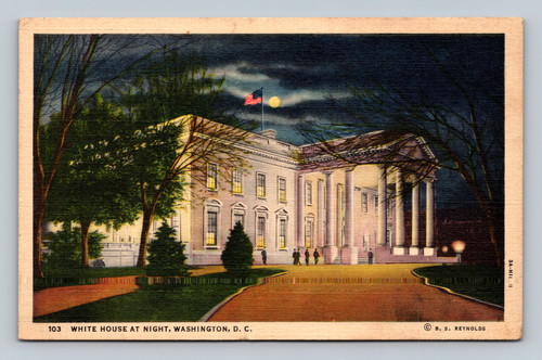 White House at night Washington DC postcard by Curt Teich