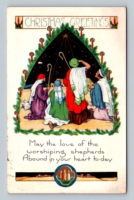 Christmas greetings postcard with religious shepherds theme, postmarked Illinois 1930