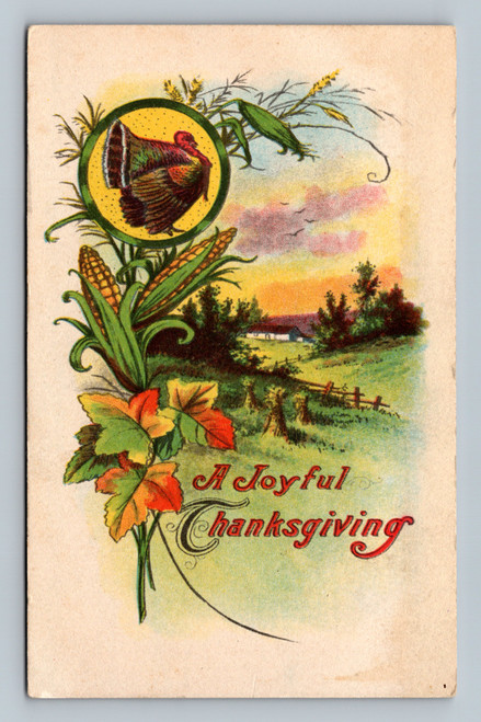A joyful Thanksgiving holiday scene postcard