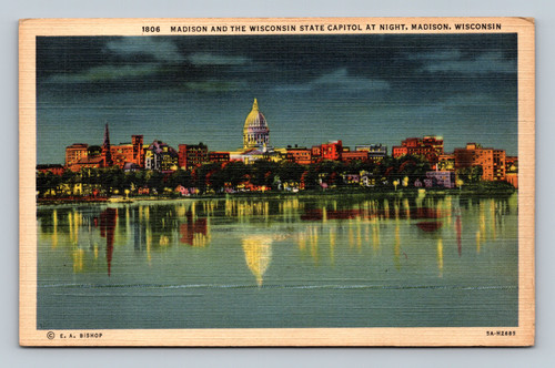 Madison and the Wisconsin State Capitol at night postcard by E. A. Bishop