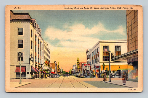 Looking East on Lake Street from Harlem Avenue in Oak Park Illinois vintage postcard