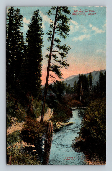 Lo Lo Creek scenic view postcard from Missoula Montana 1920