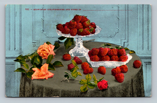 Midwinter strawberries and roses artwork postcard by EDW M MITCHELL