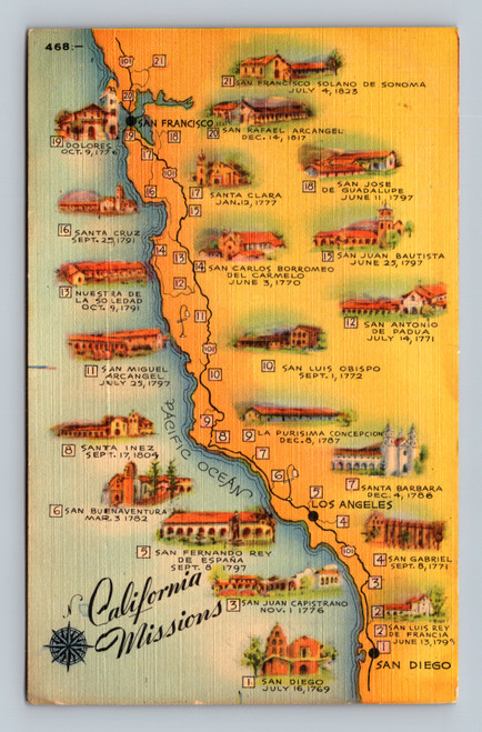 Map of California Missions with founding dates by Gardner-Thompson Co.