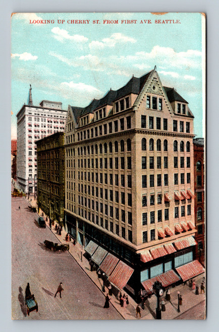 Looking up Cherry Street from First Avenue in Seattle vintage postcard